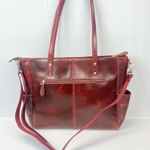 Vintage S-ZONE Tote Shoulder Bag Handbag Work Bag Genuine Leather red Leather